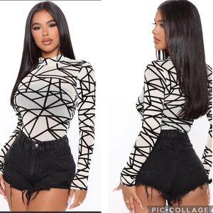 Fashion Nova Heartless Mesh Bodysuit Geometric Ivory & Black New Size Small